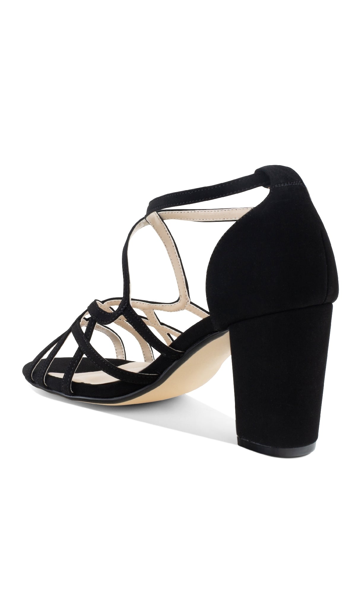 The Lupe Black Prom Dress Shoes (Touch Ups 4623) feature an open toe, mid block heel, and crisscross straps. Photographed from the back side angle, they're perfect as elegant black prom shoes or stylish low heel prom shoes.